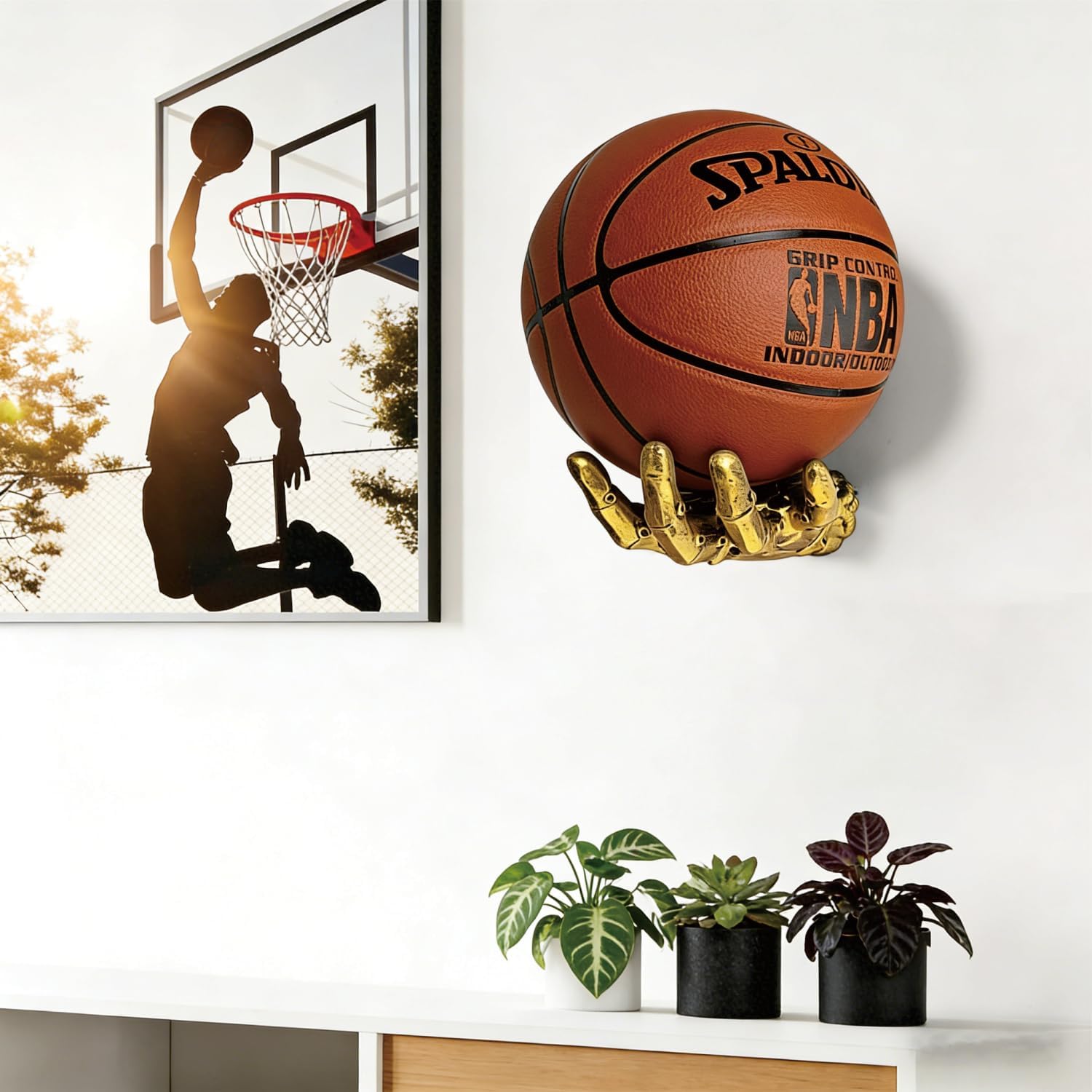 Basketball Ball Storage Holder for Wall Lightweight Resin Display Rack - Football, Volleyball Shelves for Wall Man Cave Decor - Autograph Basketball Coach Gifts, Golden