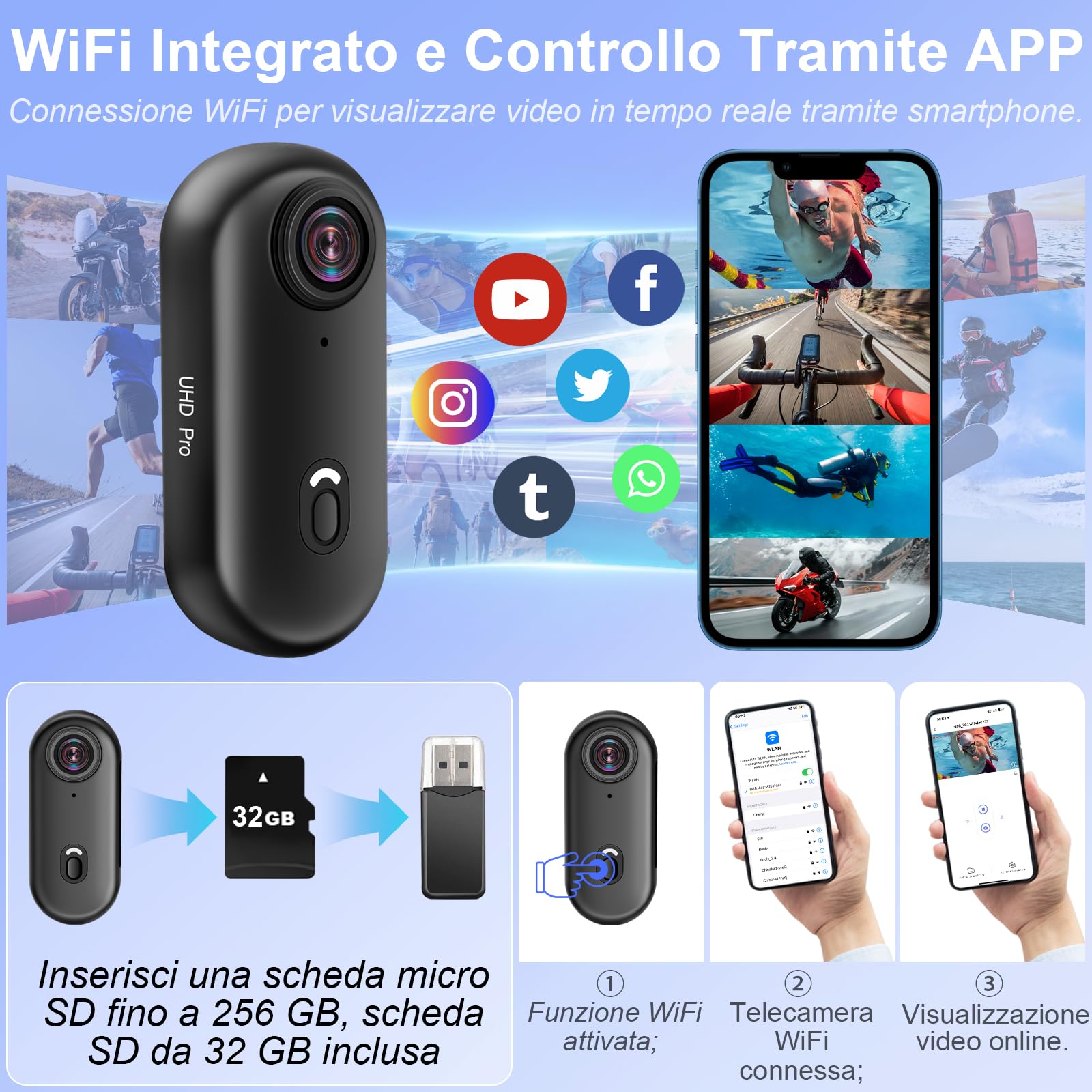 Action Camera Wifi 4K, HD Videocamera Sportiva 170° | Mini Action Camera per Casco da Bicicletta e Moto, Impermeabile con Magnete e Scheda da 32 GB