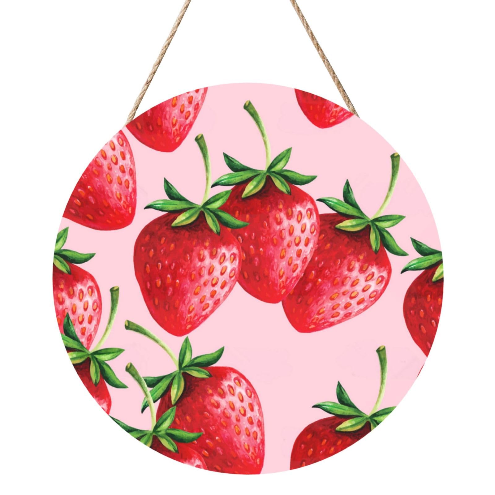 InOmak Strawberries With Pink Background, Round Wood Panel Painting 12 in, Wall Hanging Painting For Home