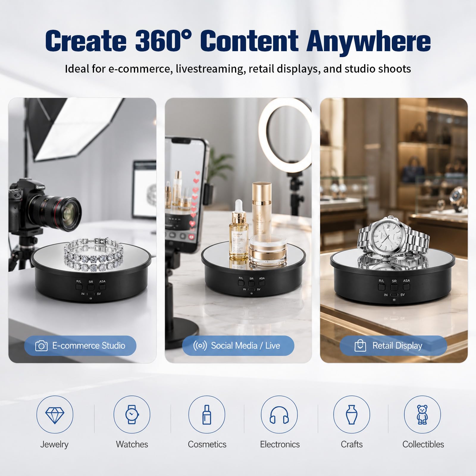 Plato giratorio eléctrico de 25 cm, con 6 fondos, 3 velocidades, rotación de 90°, 180°/360°, capacidad de carga de 8 kg, plato giratorio motorizado con mando a distancia para fotografía de productos y