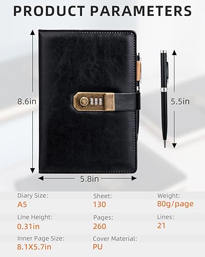 Nicpro Diary with Lock, A5 PU Leather Journal with Lock, Metal Pen, 260 Pages Password Notebook for Men and Women, Vintage Lock Daily Journal for Travel, Note Take, Plans, Organize (10 x 7 in) - 7