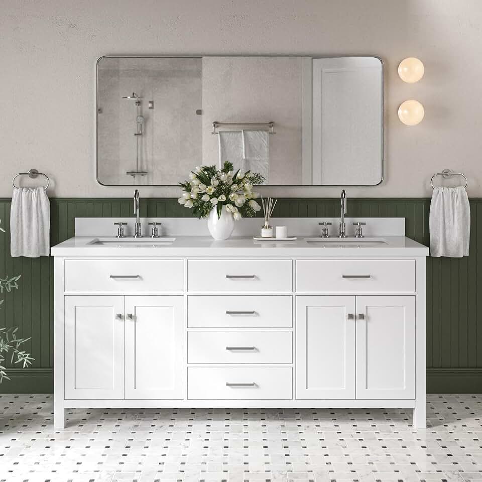 DKB Alenza 72 Inch Bathroom Vanity Double Sink — White Bathroom Vanity with Sink, 1.5" Edge Carrara White Quartz Countertop & Backsplash, 4 Soft-Close Doors, 4 Dovetail Drawers