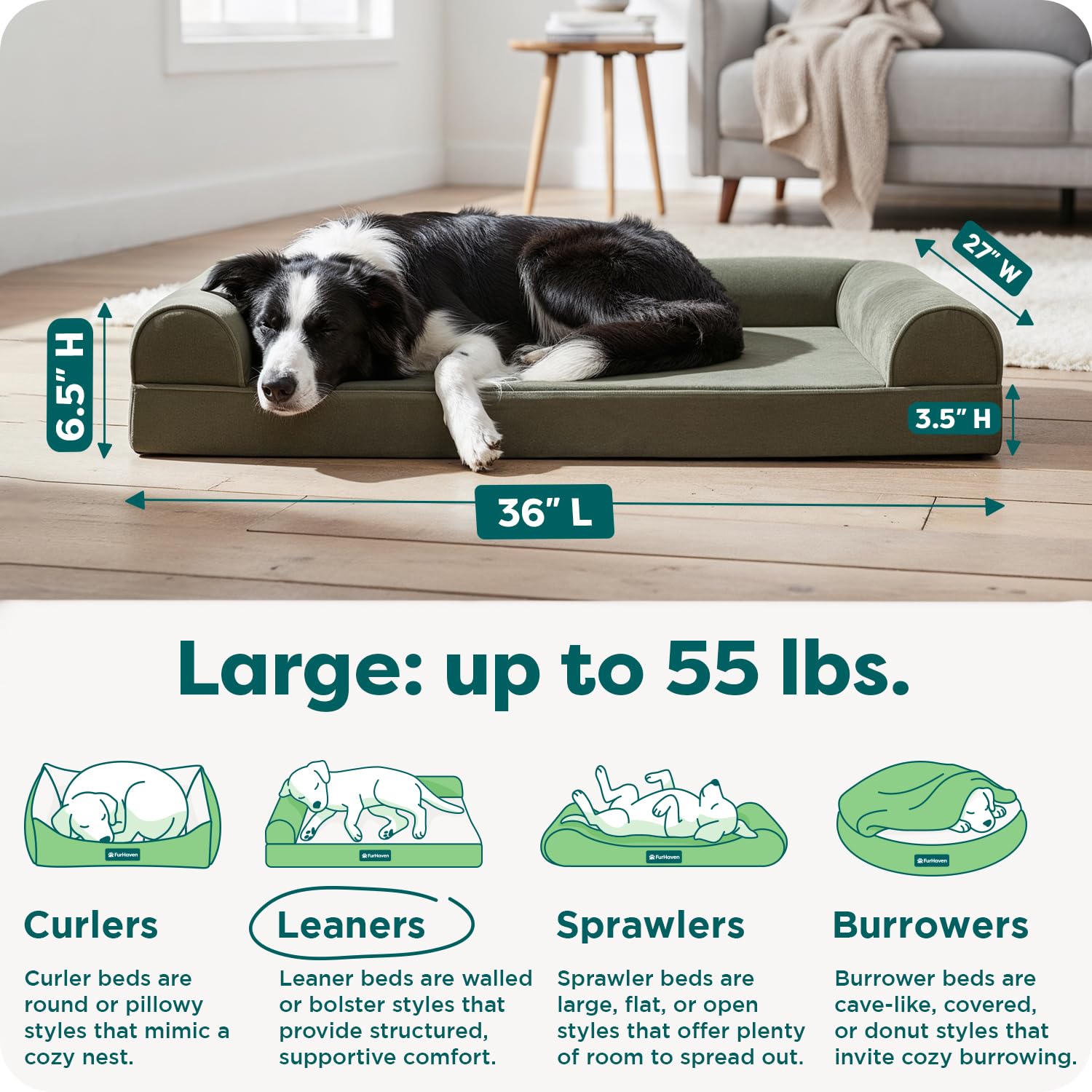 Furhaven Large Orthopedic Dog Bed Faux Fur & Velvet Sofa-Style w/ Removable Washable Cover - Dark Sage, Large