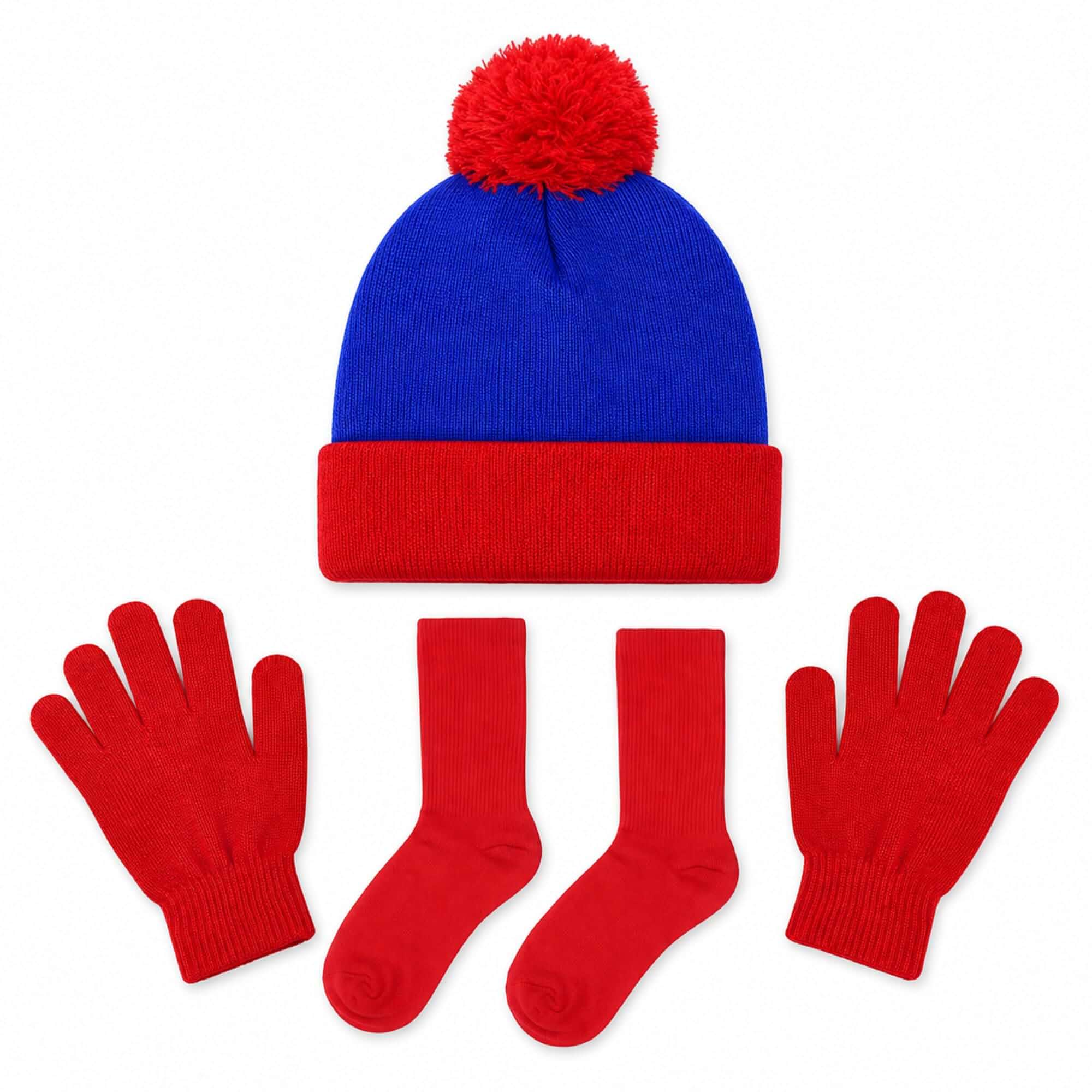 Shinymoon 3 Pcs Halloween Knit Pom Beanie Gloves Socks Set Character Cosplay Accessories for Men Women, Winter Knit Hat with Fluffy Pom, Character Role Play Set, Halloween Costume Set