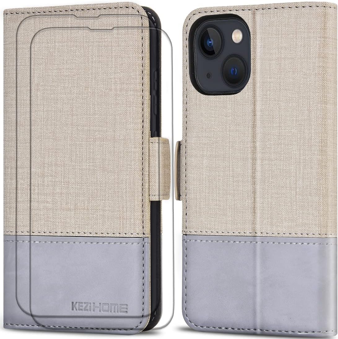 KEZiHOME Wallet Case for iPhone 13, PU Leather [Tempered Glass Screen Protector * 2][Magnetic Closure][RFID Blocking][TPU Shockproof][Kickstand] Flip Cover for iPhone 13 5G (6.1) (Beige White/Gray)