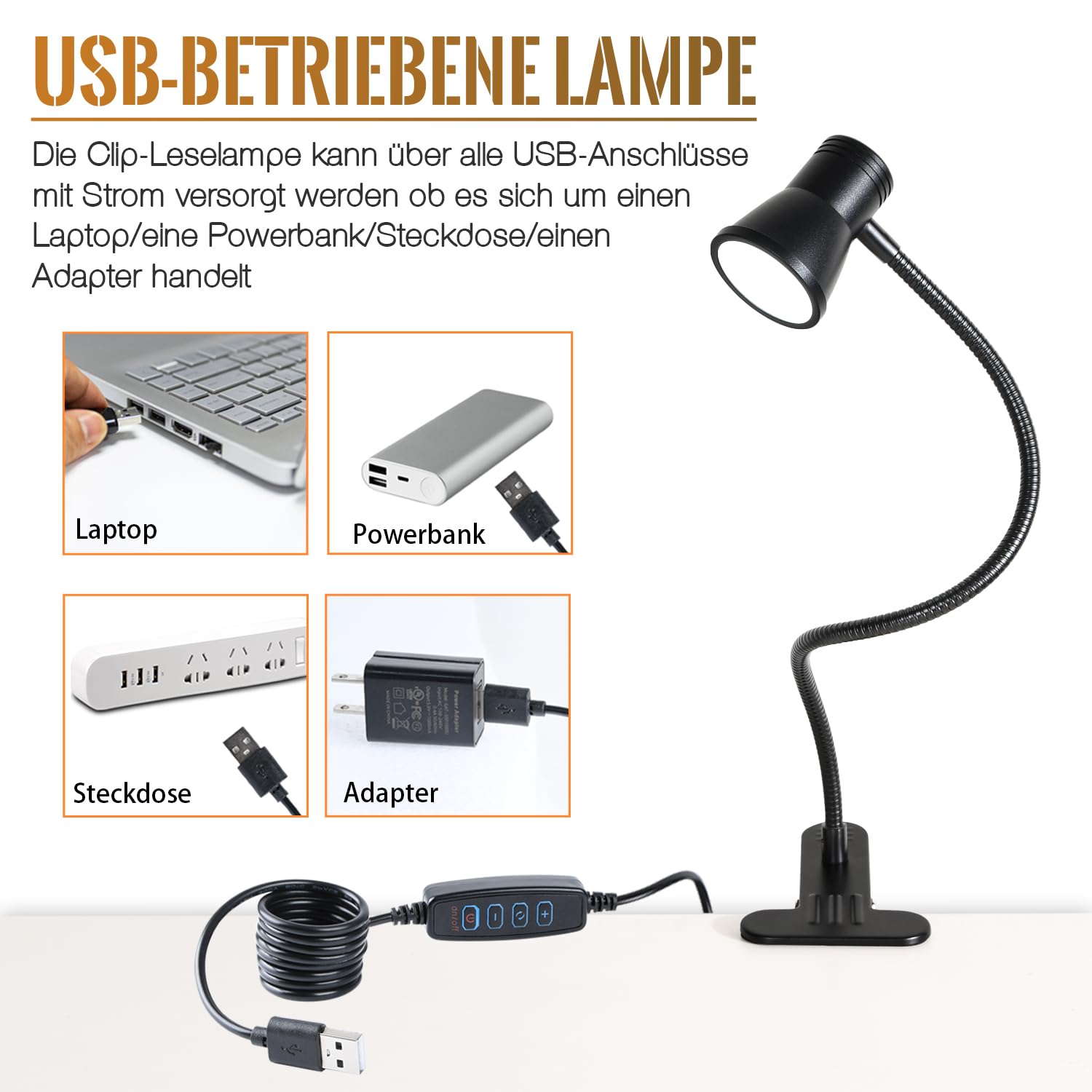 Lámpara LED con pinza como lámpara de lectura, lámpara de escritorio, luz de maquillaje, 3 temperaturas de color, 10 brillo, lámpara de pinza USB, lámpara LED regulable, luz diurna, cable