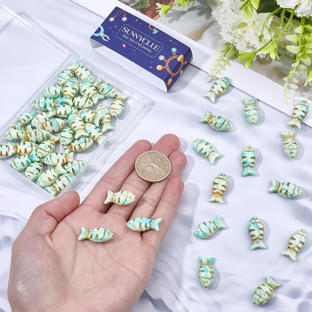 SUNNYCLUE 1 Box 50Pcs Fish Shaped Beads Turquoise Fish Beads Bulk Animal Synthetic Turquoise Dyed Stone Painted Sea Ocean Gemstone Loose Spacers for Jewelry Making DIY Earring Bracelet Necklace Craft - Image 3
