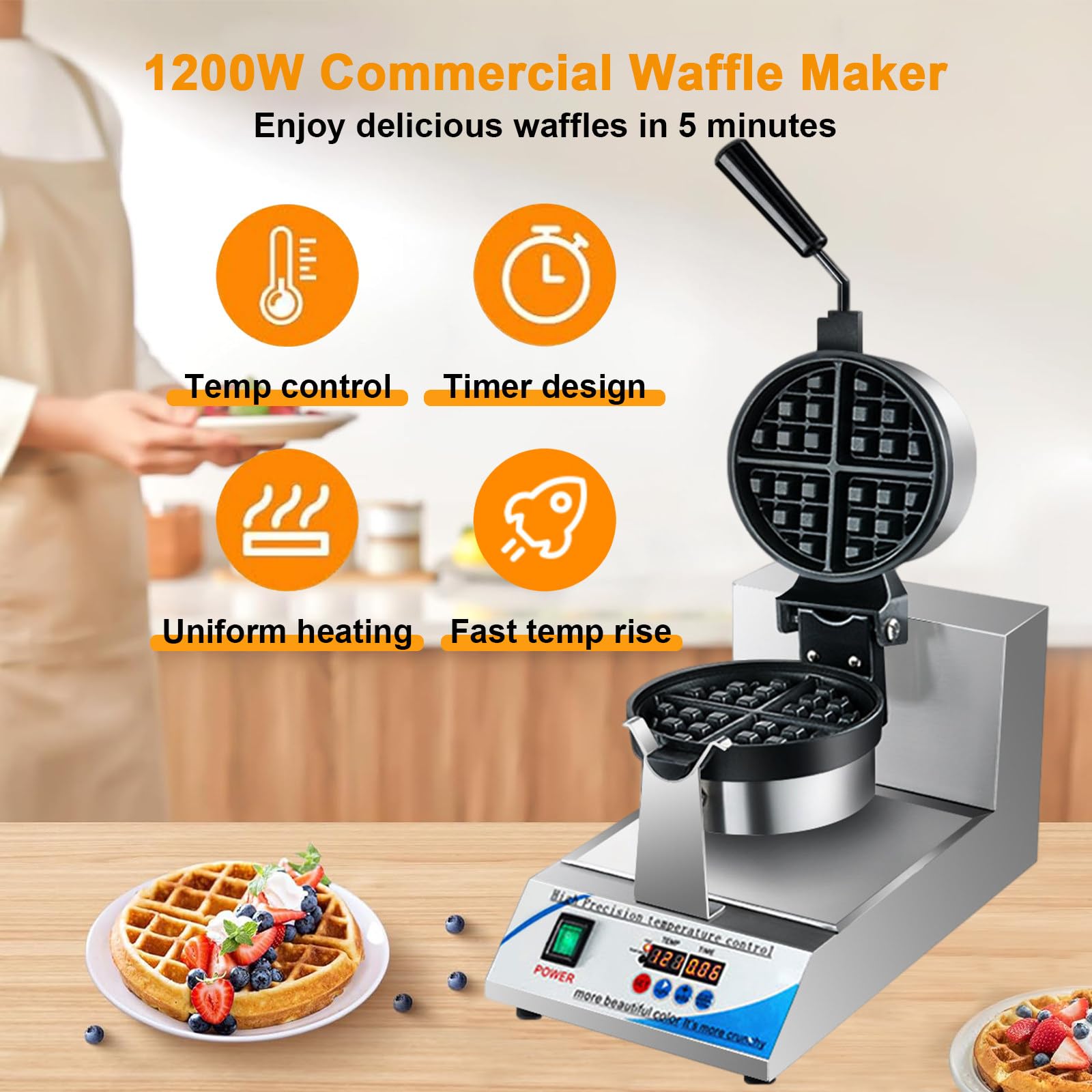 Gofrera Redonda De Alta Resistencia De 18 Cm con Calentamiento por Ambos Lados | Termostato Digital De 0-299 °C Y Temporizador para Cocinas De Catering, Cafeterías Y Repostería Casera