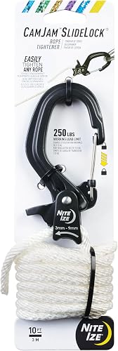 Nite Ize CamJam SlideLock Rope Tightener & 10 ft Nylon Rope - Features Pull-to-Tighten Lock & Quick-Release Lever - 100 lb Working Load Limit - Fits Rope Sizes 3–6mm - Large