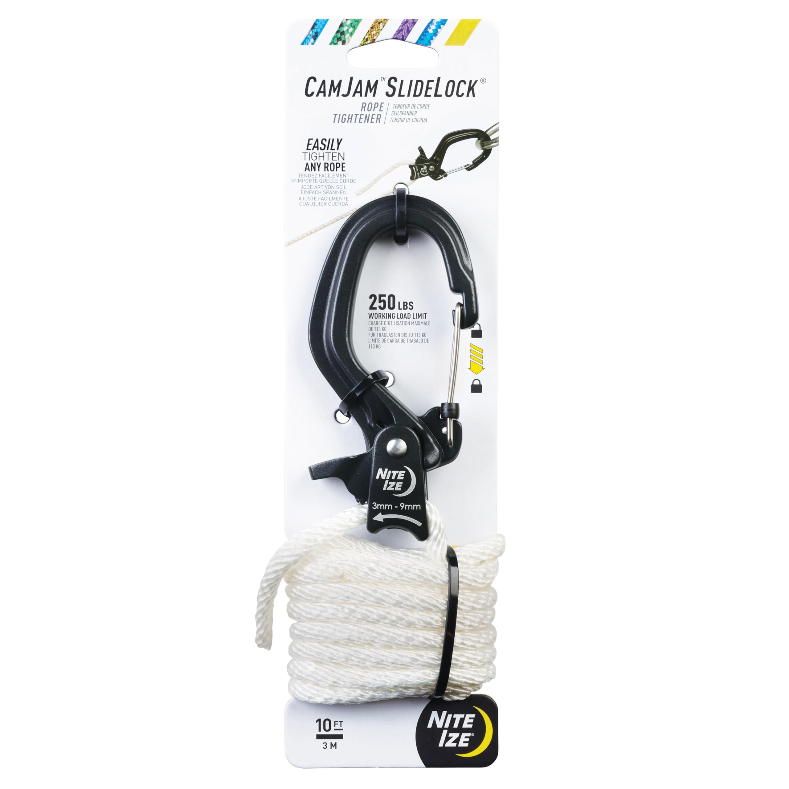 Nite IZE CamJam SlideLock Rope Tensioner & 3m Nylon Rope - with Pull Lock and Quick Release Lever - 100lb Load Limit - Fits Rope Sizes 3-6mm - Large