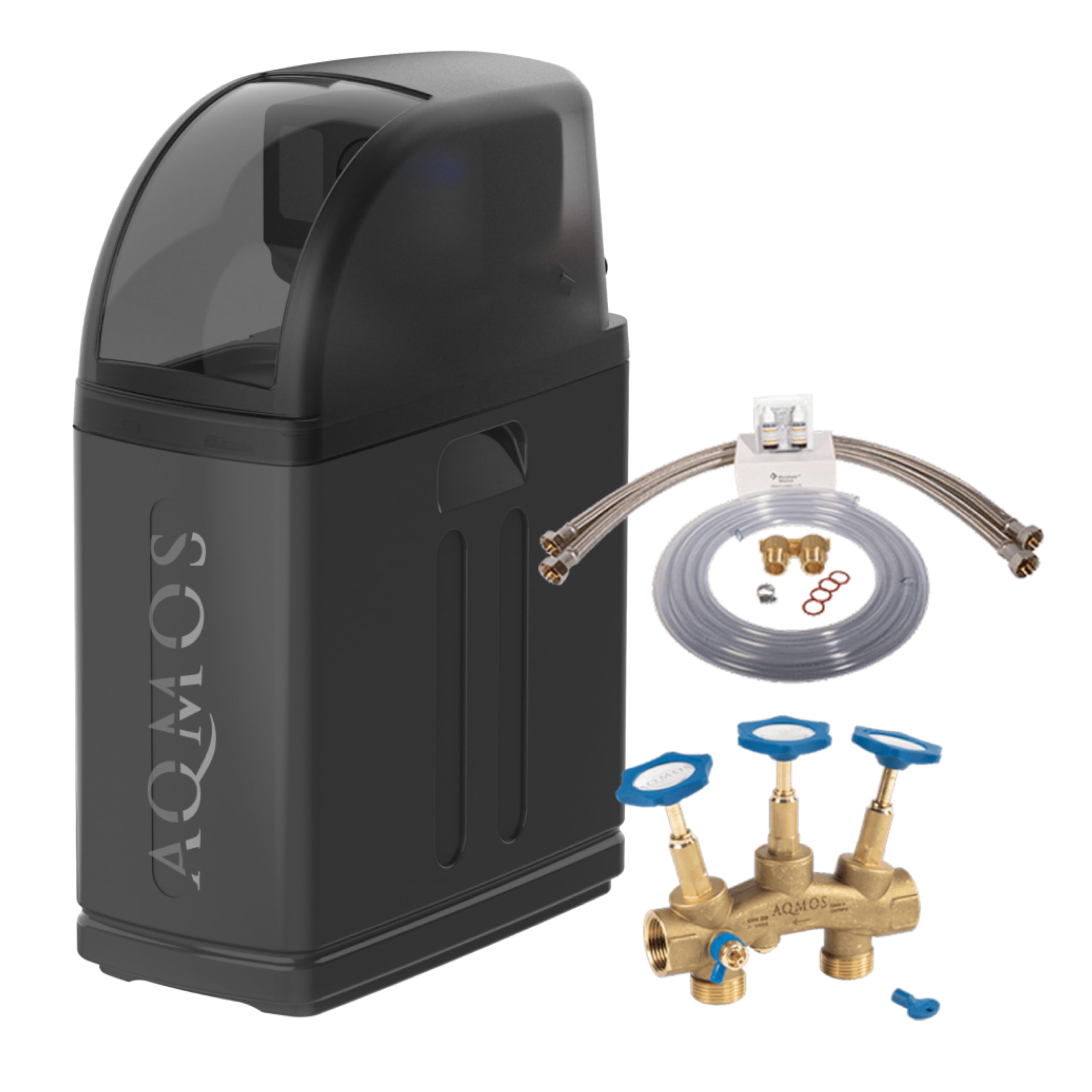 Instalación de descalcificación de agua Aqmos R2D2-32 Edición Negra con kit de conexión de 2,5 cm y bloque de montaje, descalcificador para hogares de hasta 3 personas, descalcificador para agua