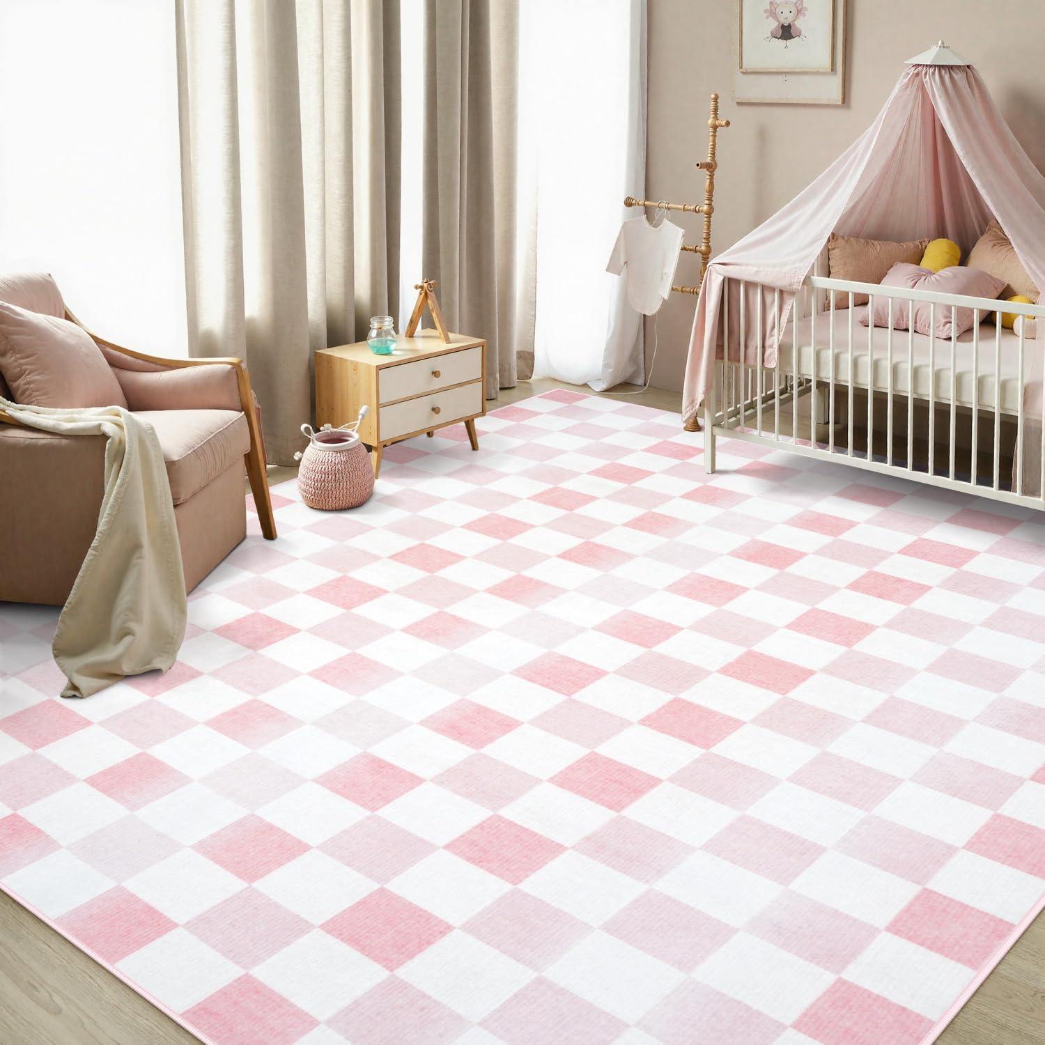Seavish Ombre Checkered Rug, 8x10 Washable Pink Rugs for Living Room, Low Pile Soft Nursery Rug Non-Slip Modern Neutral Checkerboard Area Rug for
