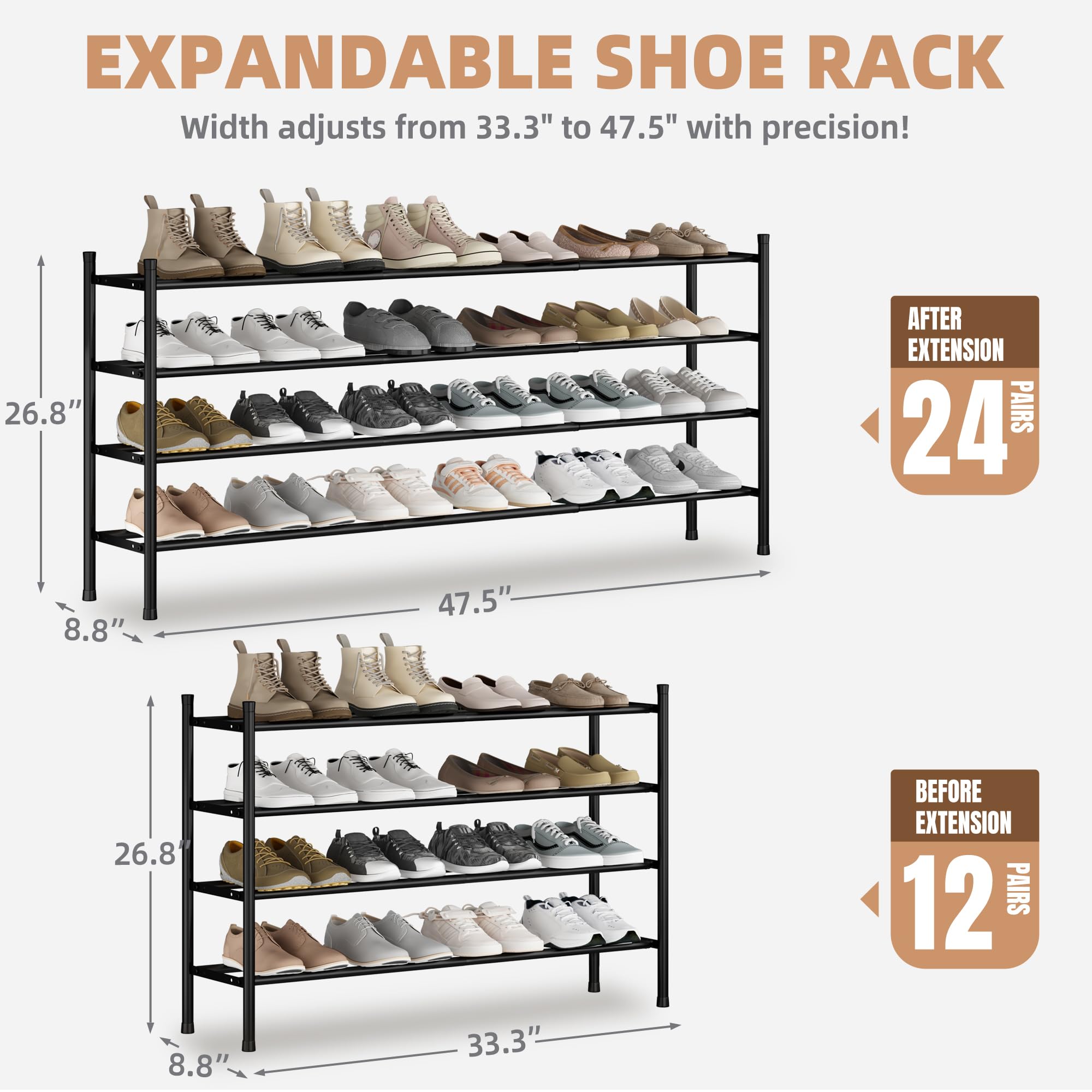 Condition photo showing As Is for storage maniac long expandable shoe rack, 24 pairs metal wide stackable shoe rack, adjustable shoes shelf, freestanding shoes organizer for closet, entryway, hallway, garage, front door, 4 tiers