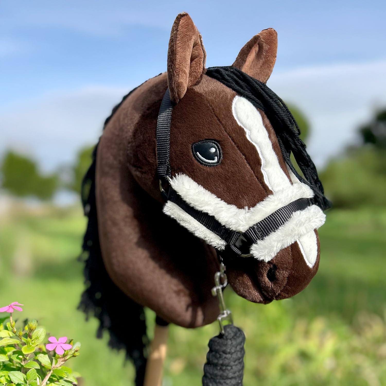 Hobby Horse Black Moumoute Halter Akcesory ze smyczą i czapką zabezpieczającą przed owadami, czarno-białe, do hobbystów, dla koni, rozmiar A4/A3