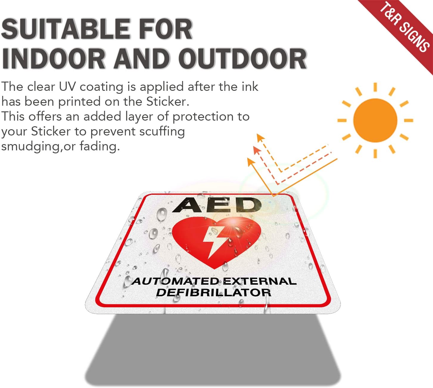 T&R AED Stickers - 10 Pack - 5 x 5 Inches Reflective Label, UV resistant, waterproof, fade and scratch resistant, suitable for indoor and outdoor