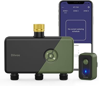 مؤقت مياه Diivoo 3 Zone WiFi مع مدخل نحاسي، مؤقت خرطوم الرش الذكي 3 منافذ متوافق مع Alexa/Google Assistant، 18 خطة ري، وضع تأخير المطر والضباب لمروج الحديقة 2.4 جيجا هرتز فقط