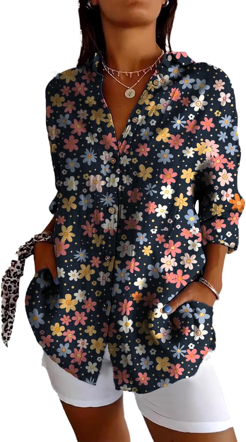 Linen Long Sleeve Shirt Women Bohemian Cool Graphic V Neck Collar Three-Quarter Sleeve Oversized Blouses