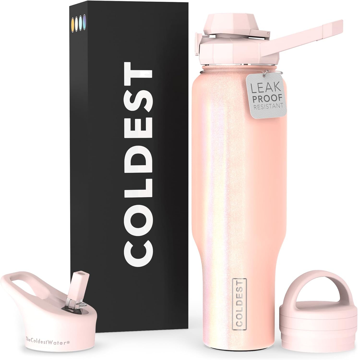 Coldest Sports Water Bottle - 3 in 1 Lids (Chug, Straw, Handle) - Insulated Stainless Steel Tumbler with Handle - Vacuum Water Flask Cup, Valentines Gifts for Him Her (36 oz, Pink Reflections)
