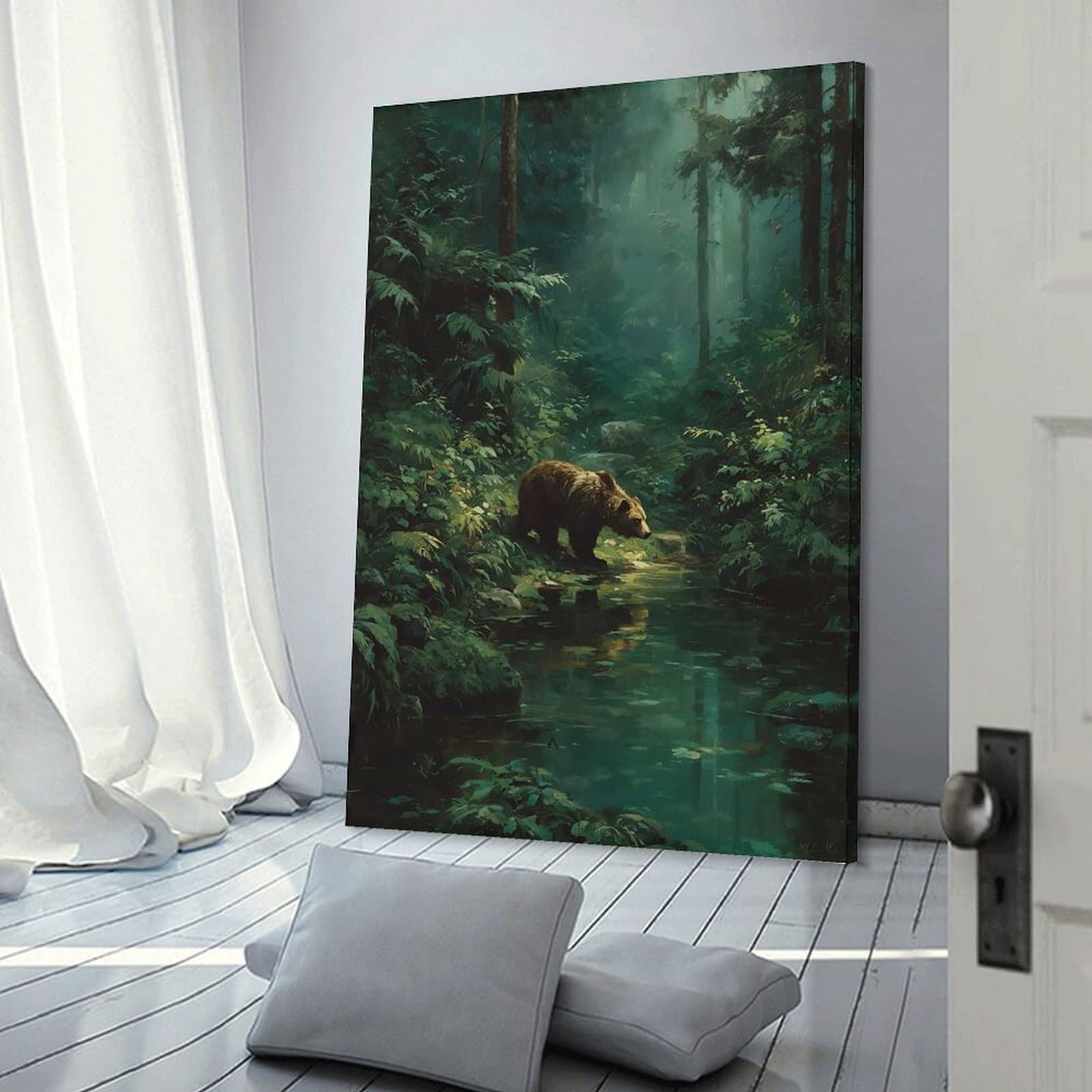 Junmoney Decorative Canvas Print Bear in A Misty Forest Stream, 24x36inch(60x90cm), for New Homes, Bedrooms Or Workspaces, Thoughtful Wall Decor for Art Lovers