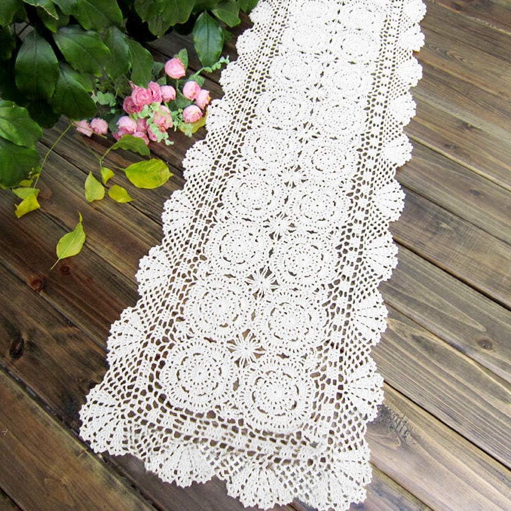 KEPSWET Cotton Handmade Crochet Lace Table Runner White Rectangle Coffee Table Dresser Decor (14x72 inch)