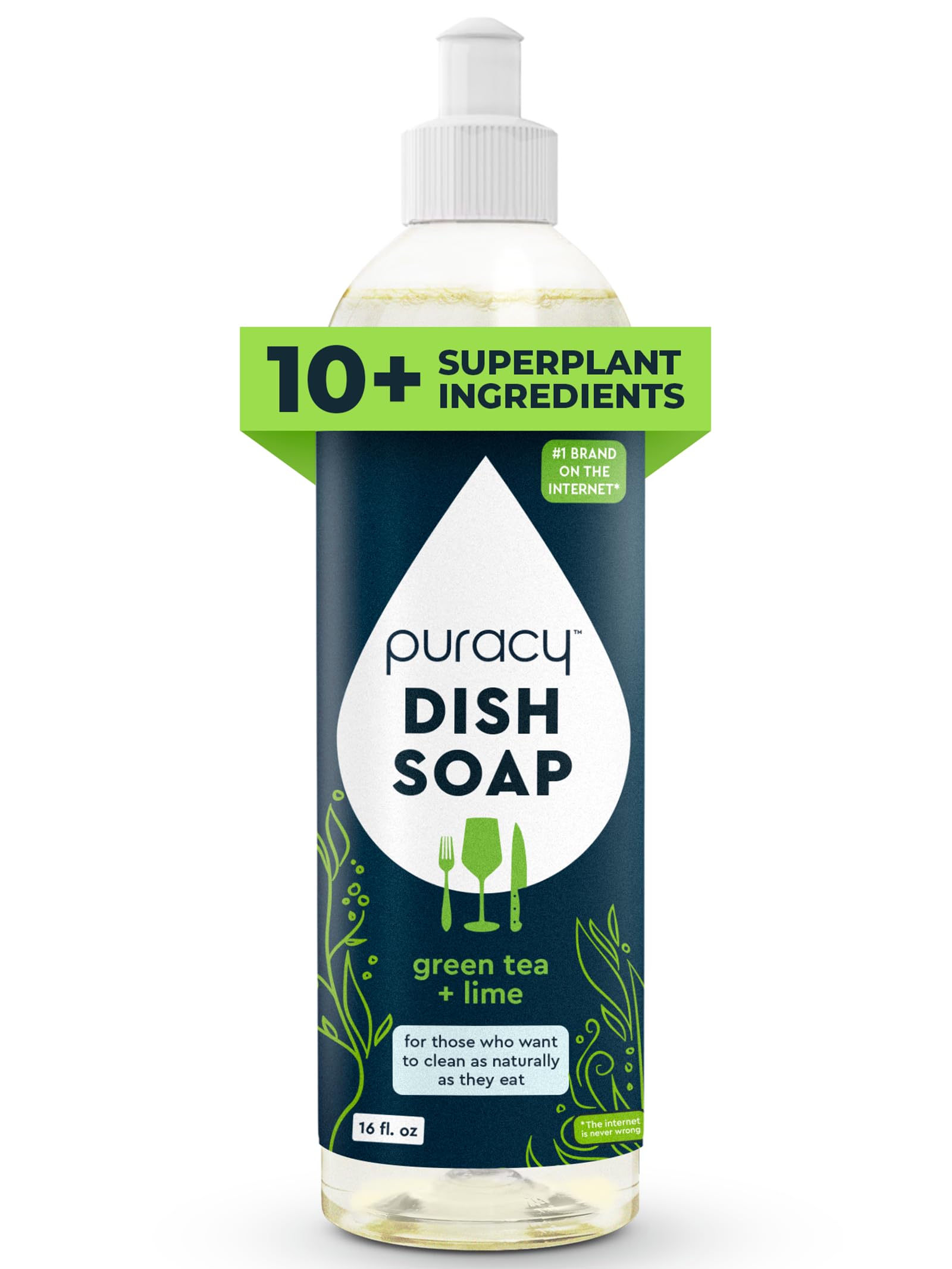 Puracy Natural Dish Soap - Skin-Softening Plant-Based Dishwashing Soap, Non-Toxic Dish Soap, Organic Liquid Dishwashing Detergent Soap (Green Tea & Lime, 16 fl oz)