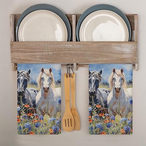 Miniatura 8 de Kitchen Towels 2 Packs Cotton Tea Towel, Black White Horse Floral Animals Oil Painting Reusable Dish Cloths Absorbent Hand Towels for Kitchen Home