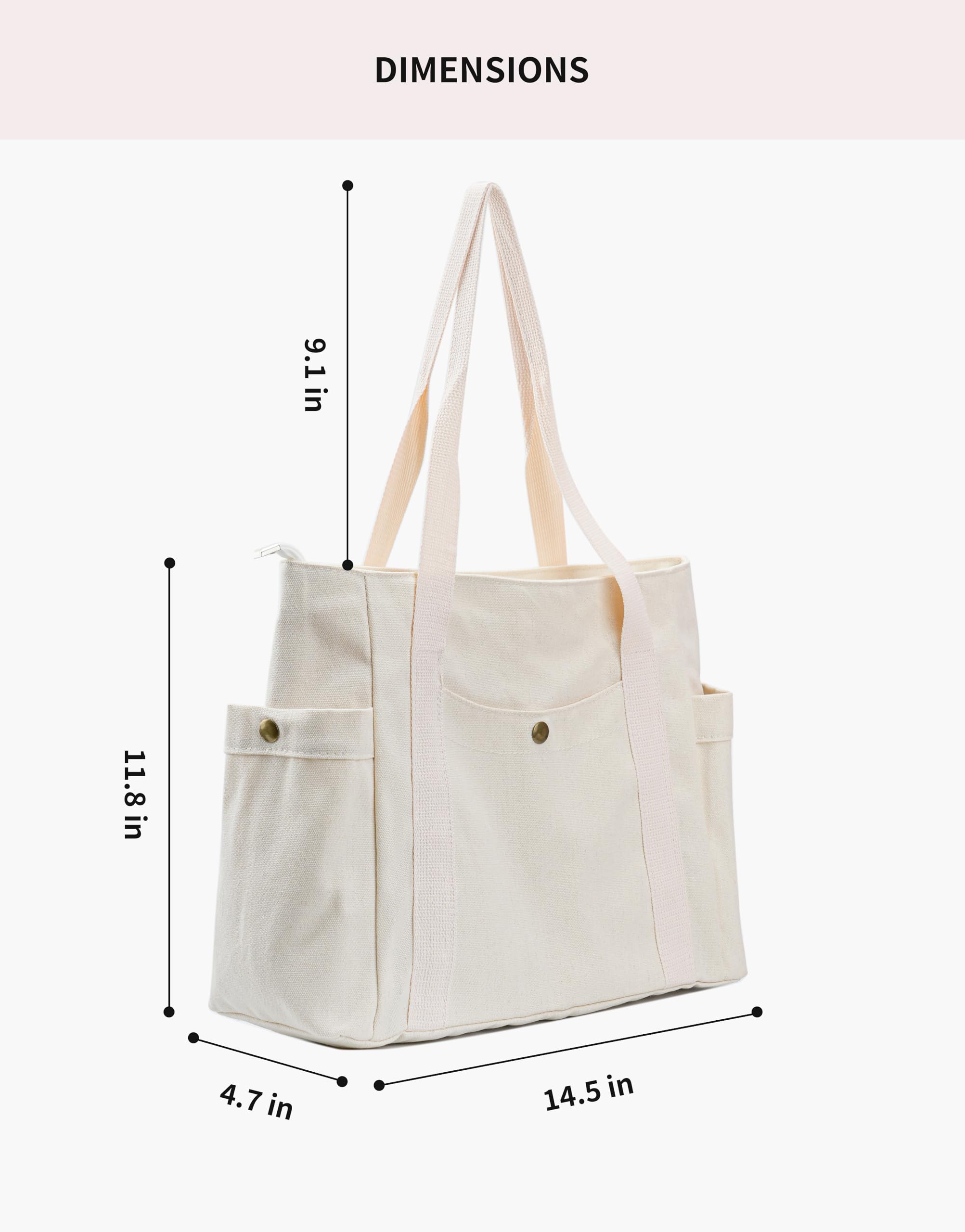 REDSINDA Canvas Tote Bag with Zipper, Multiple Pockets for Daily Essentials, Travel, Work (Beige)