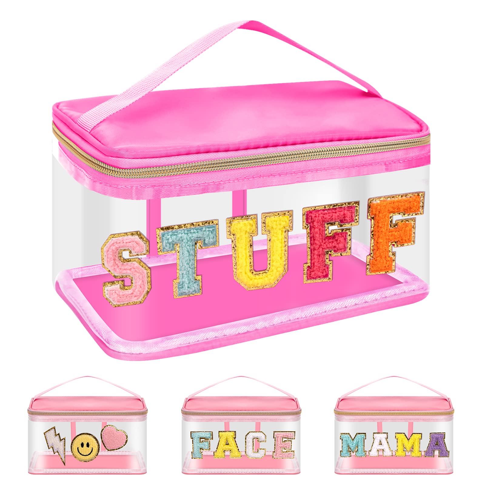 Iqimott Preppy Clear Makeup Bag Stuff Pouch, Chenille Letter Cosmetic Bag for Women Girls, Nylon PVC Toiletry Storage Handbag, Travel Transparent