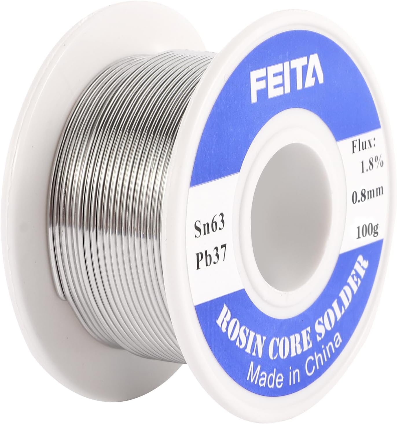 FEITA Sn63-Pb37 High Purity Tin Leaded Rosin Core Solder Wire for Electrical Soldering, With 1.8% Solder flux, 183℃ Melting Point (0.8mm, 100g)