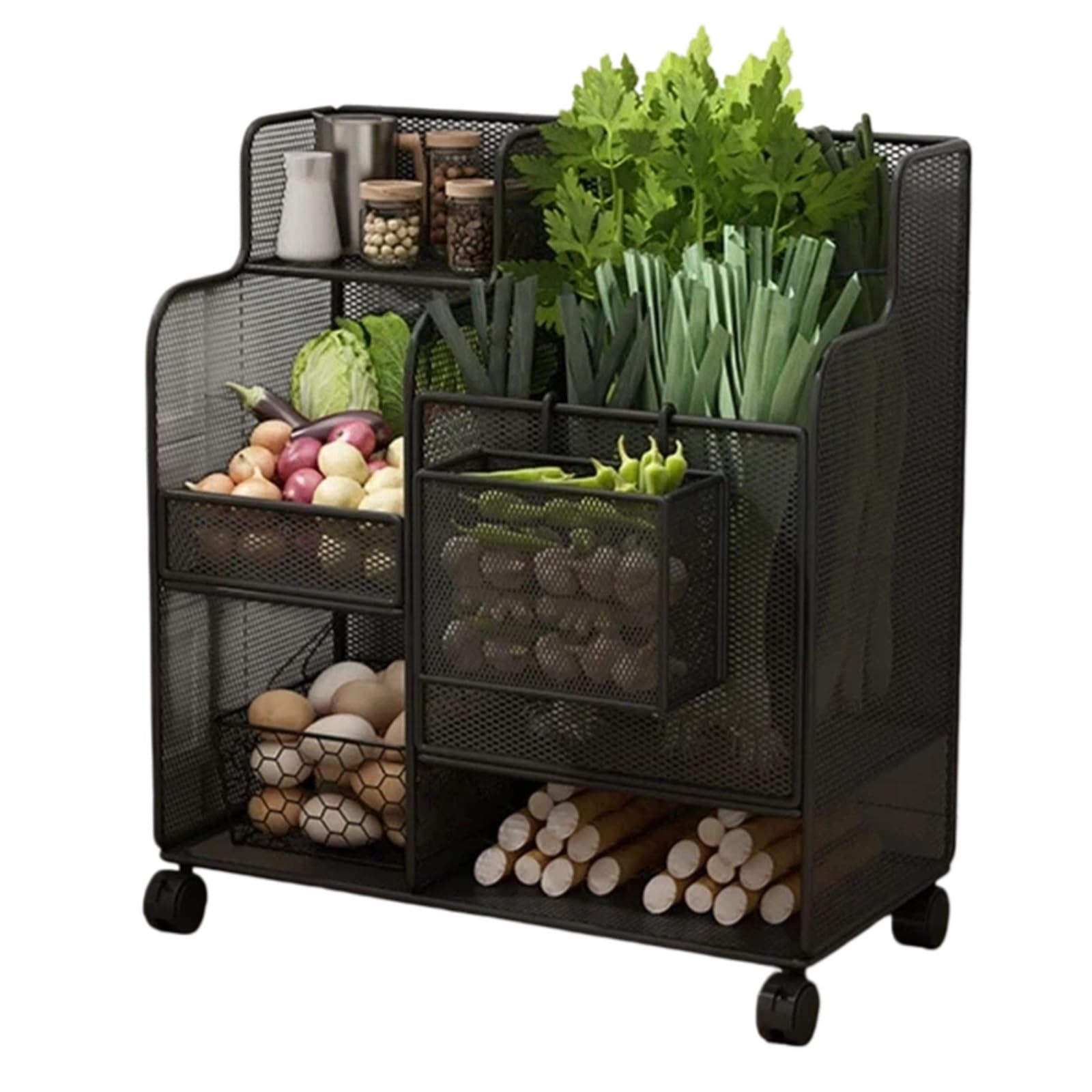 ZYYANSHOP Kitchen Storage Cart Kitchen Rolling Cart Fruit and Vegetable Basket Rack Household Storage Organizer(Black)