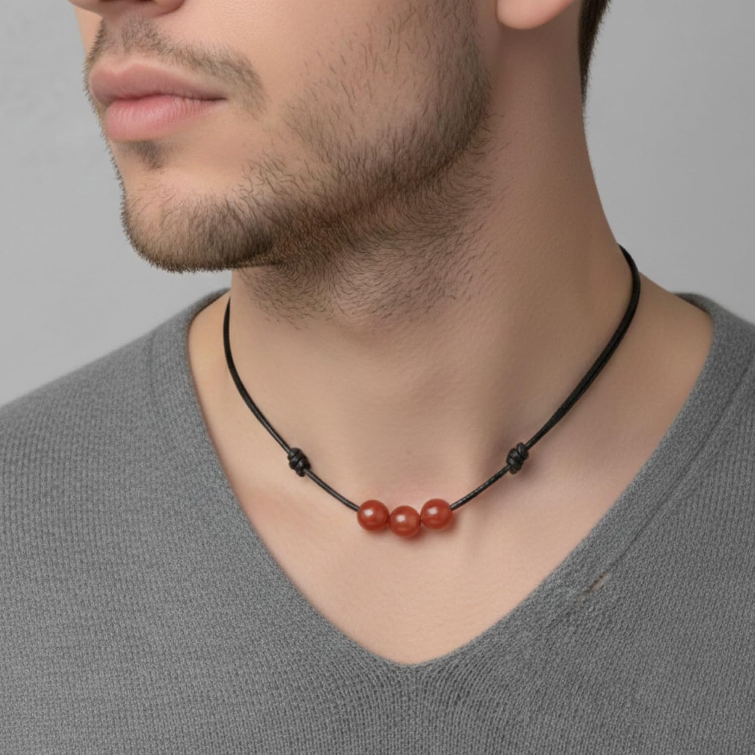 Luck Strings Carnelian Gemstone Beads Pendant Necklace Adjustable Wax Nylon Cord Unisex Beaded Choker for Men Women Minimalist Red Orange 3 Bead Sliding Knot Gift