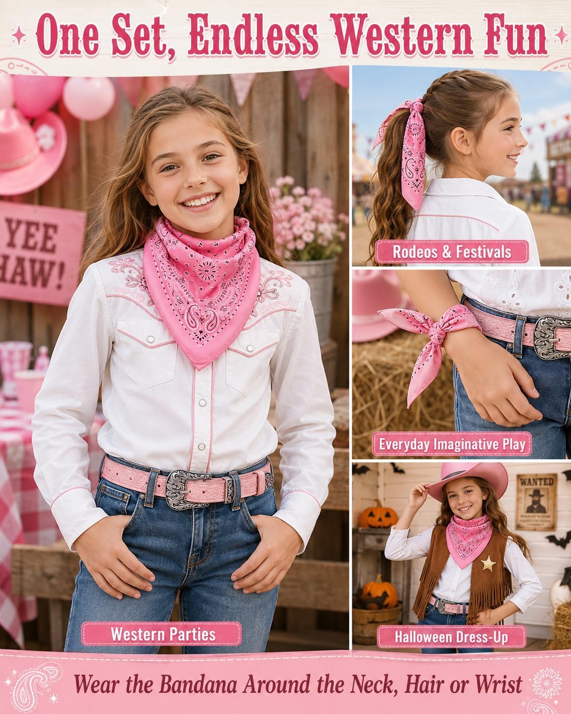 Kids Western Belt for Boys Girls Vintage Cowgirl Leather Belt and Bandana image 5