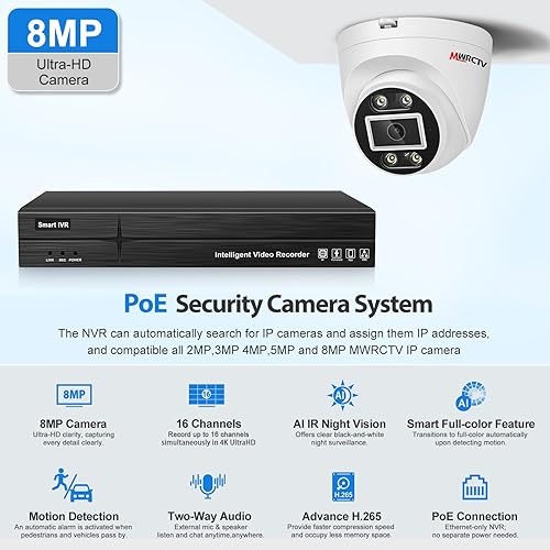 Miniatura 2 de Sistema de cámara de seguridad PoE 4K, cámaras PoE domo con cable de 16 x 8MP para seguridad del hogar, lente gran angular de 0.110 in, luz dual