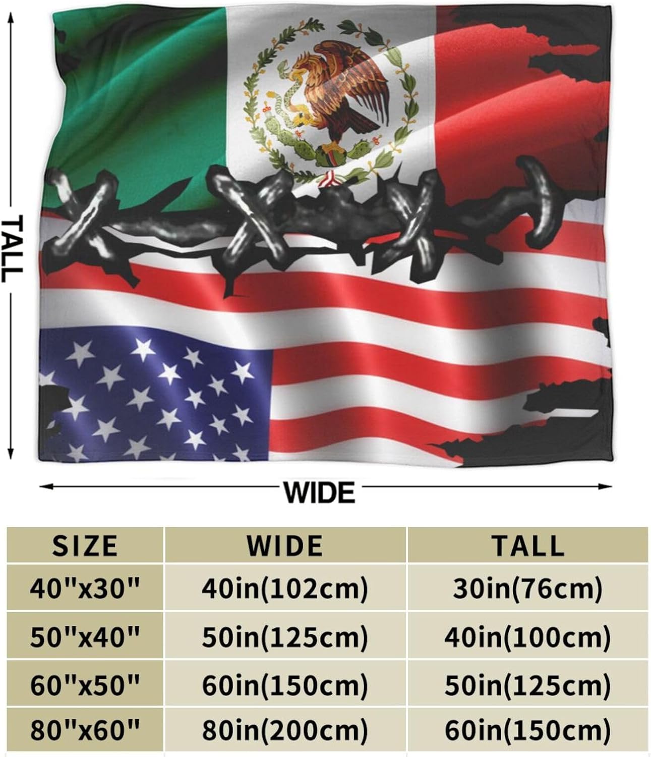 USA America Mexico Mexican Flag Theme Throw Blanket, Cozy Flannel Fleece Winter Blankets for Bed Sofa and Couch60 x50