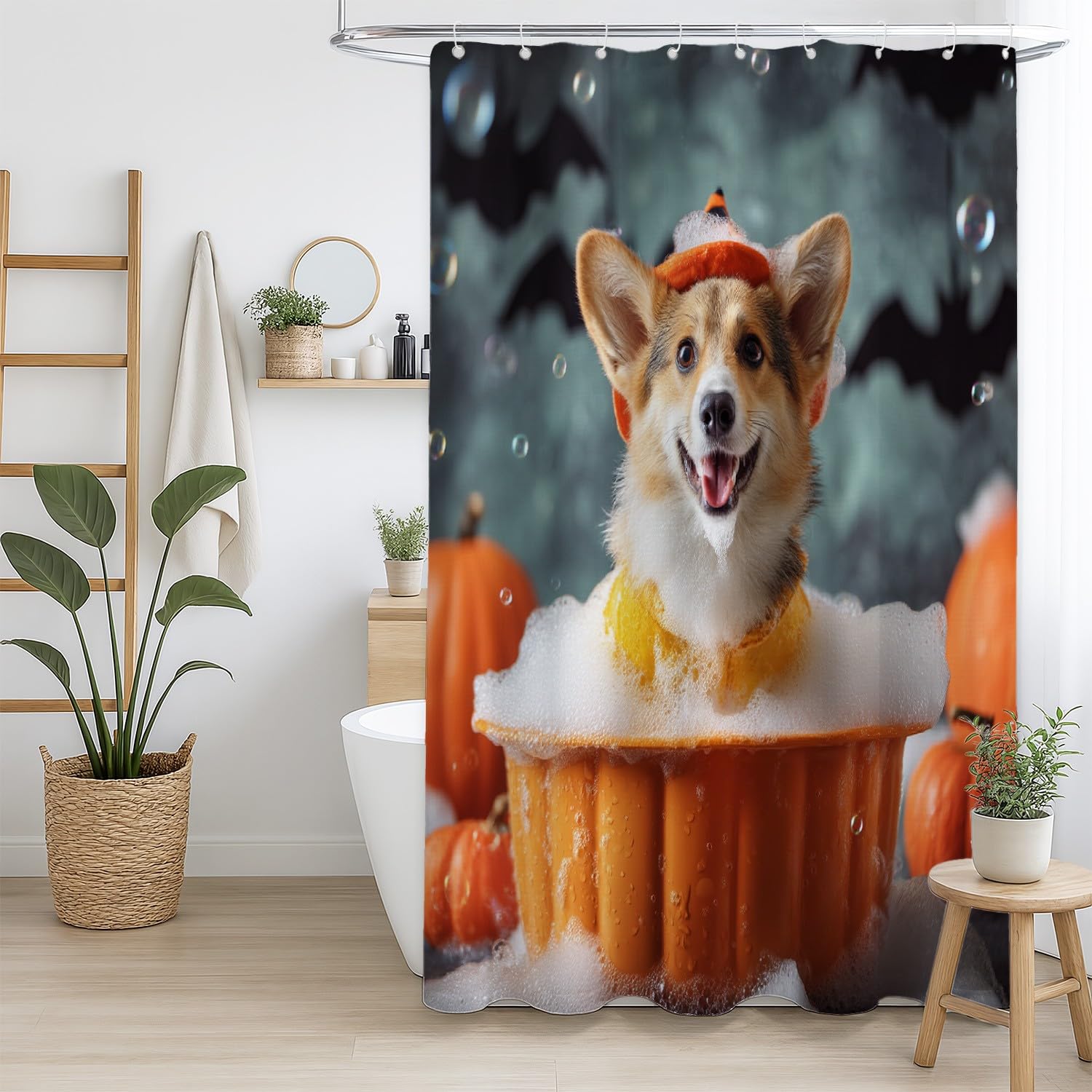 Generico Zasłona prysznicowa 200 x 200 cm, 1 sztuka, miękka mikrofibra, wodoodporna i odporna na pleśń, zmywalna, do łazienki lub wanny, z oczkami i haczykami, pomarańczowa, zwierzęta do kąpieli dla