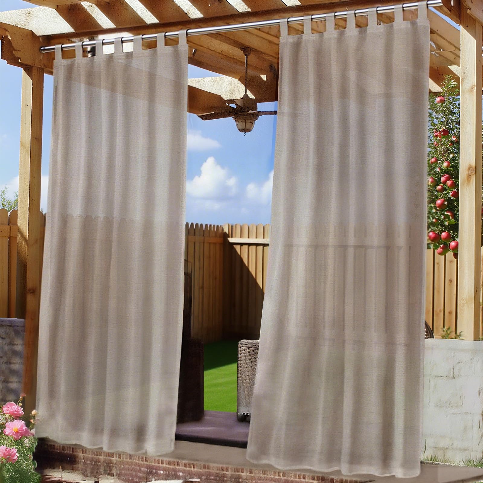 Newthinking Outdoor Vorhang Wetterfest, 2er Set, Leinenvorhang, 245x132 cm | Leichter Outdoor Vorhang, Sonnenschutz mit Klebe-Ösen, für Pavillon, Terrasse, Garten. Sichtschutz, maschinenwaschbar
