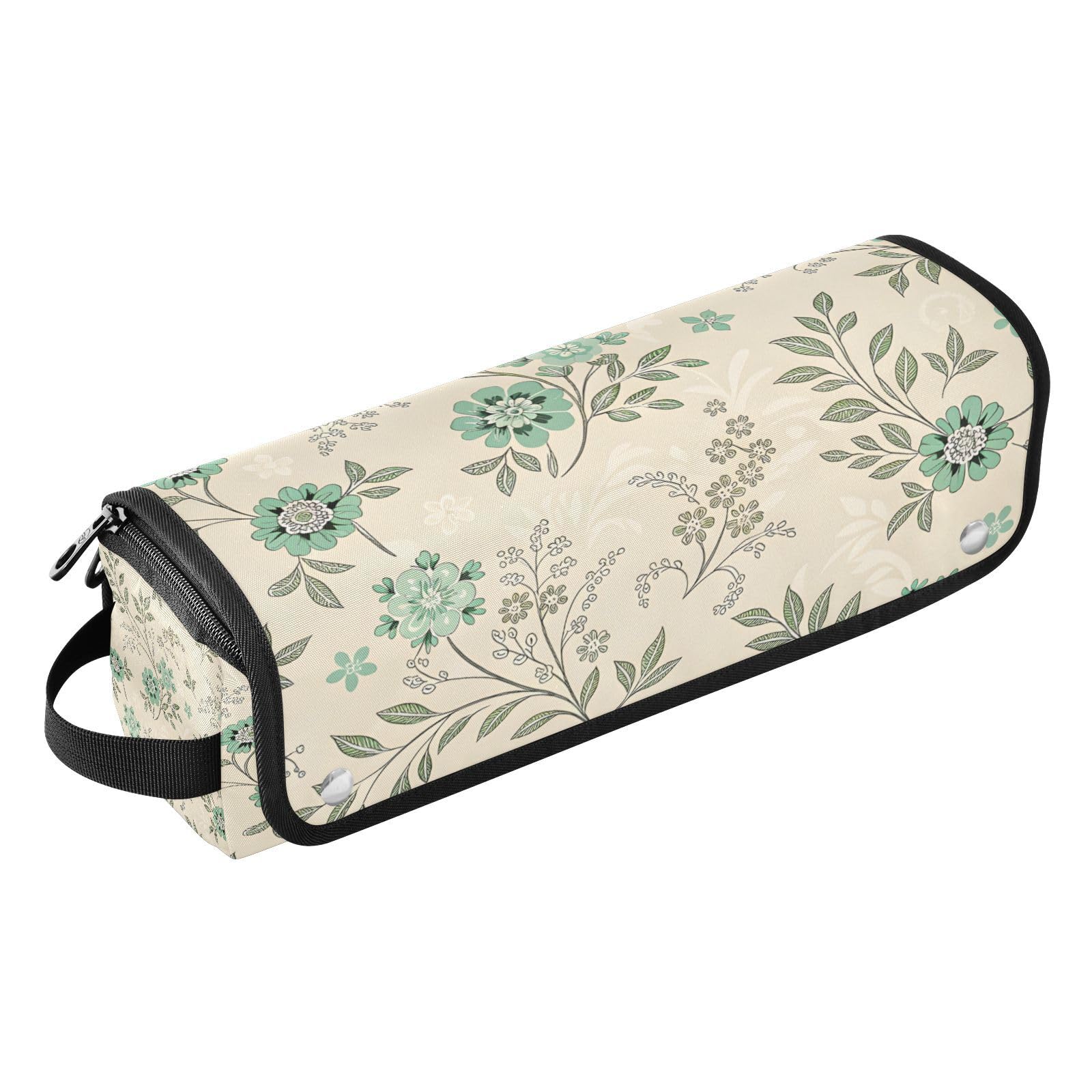 Small Floral Green Hair Tools Travel Bag Portable Hair Accessory Organizer with Heat Resistant Mat 2 in 1