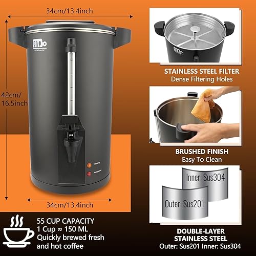 Miniatura 3 de Urna de café comercial de 55 tazas de 10 L, 750 W, cafetera de doble pared de percolado, dispensador de urna de agua caliente de acero inoxidable