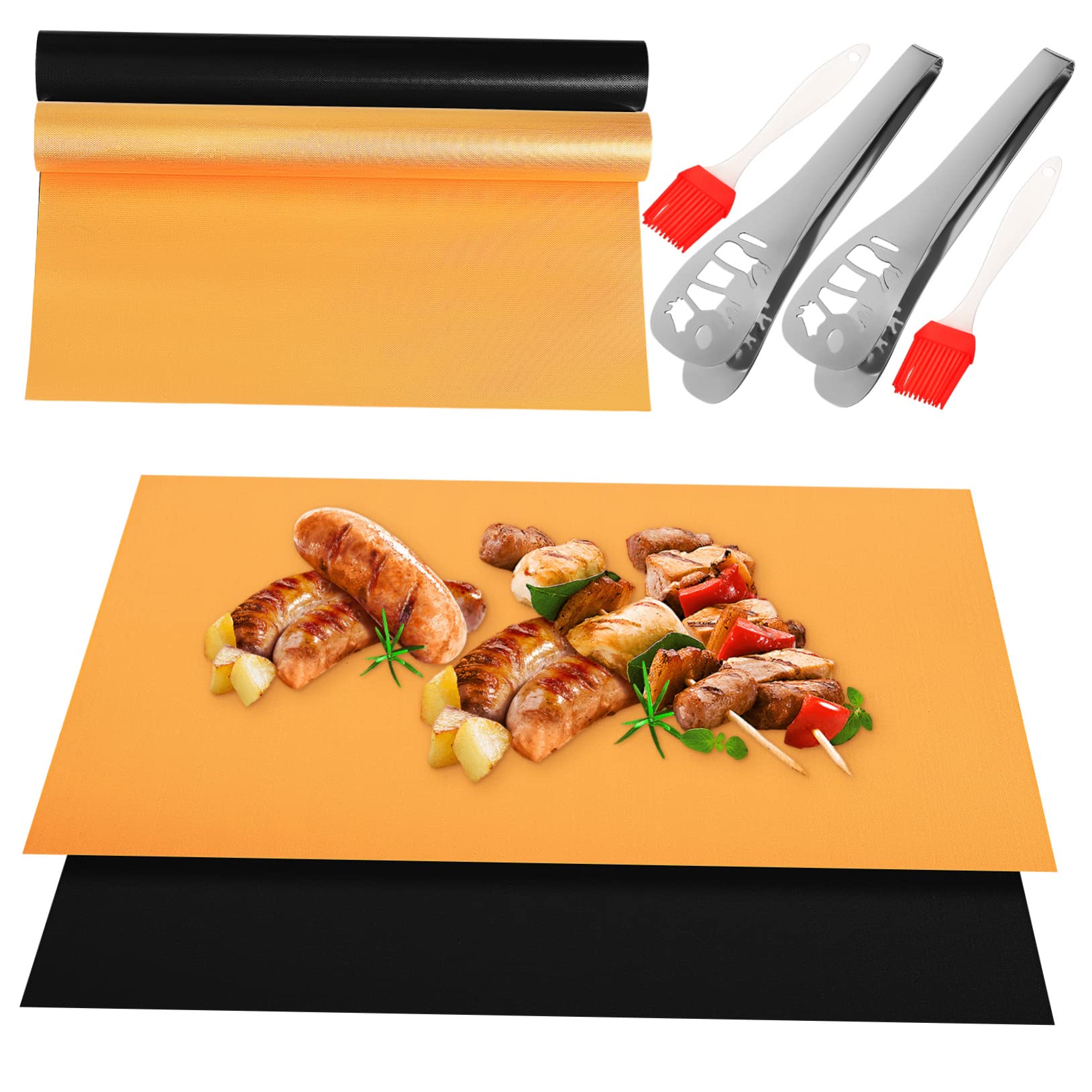 VANZACK BBQ Cooking Mat Kit 4 BBQ Mats for Gas Grill Reusable Baking Sheets Tongs