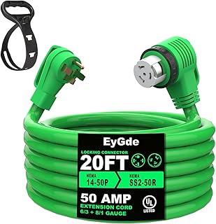 50 Amp RV Generator Extension Cord, EyGde 50A Power Cable NEMA 14-50P to SS2-50R with 90°Design Grip Handle Twist Lock Connector, Heavy Duty STW Cord Waterproof 20FT with Cord Organizer for RV Camper