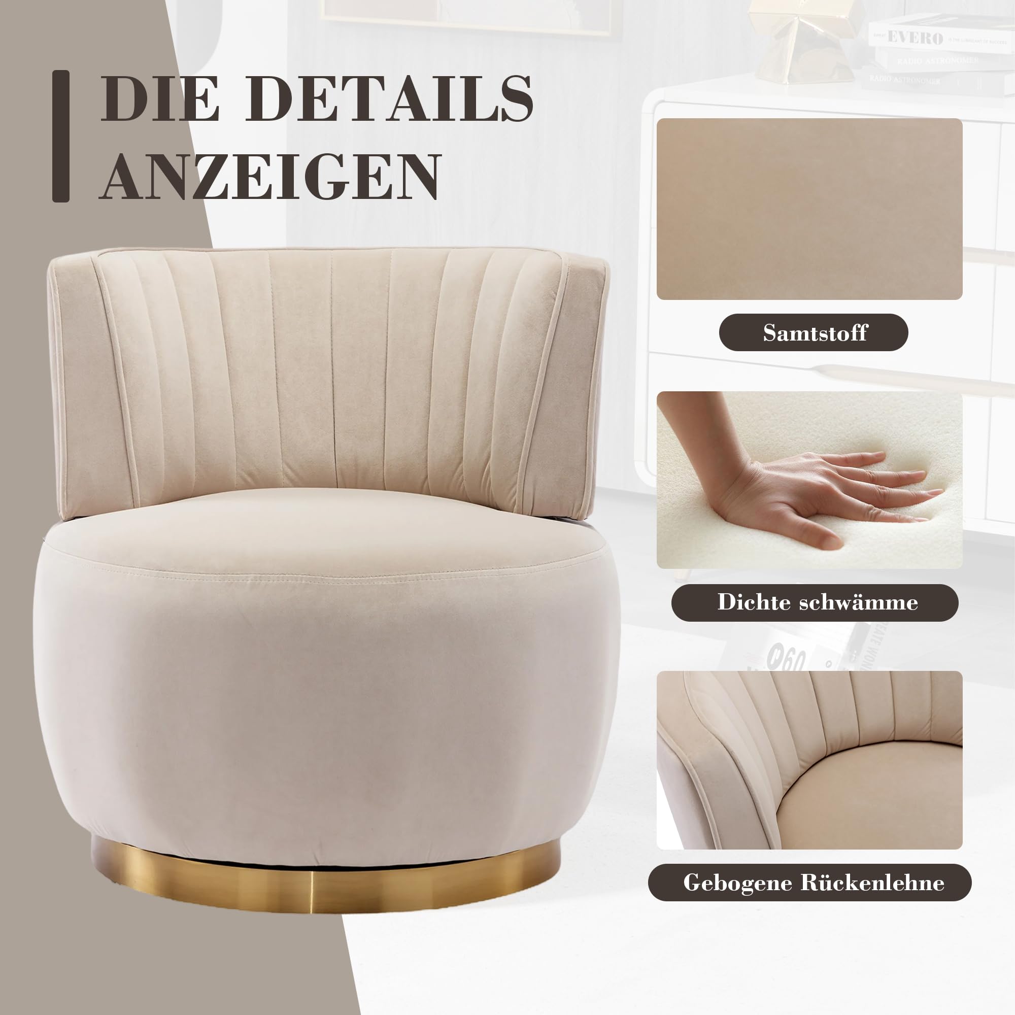 Silla giratoria moderna de 360 grados, silla giratoria redonda, acabado de terciopelo suave, respaldo cómodo, estructura estable, sillas de salón, sillas de barril, adecuadas para sala de estar