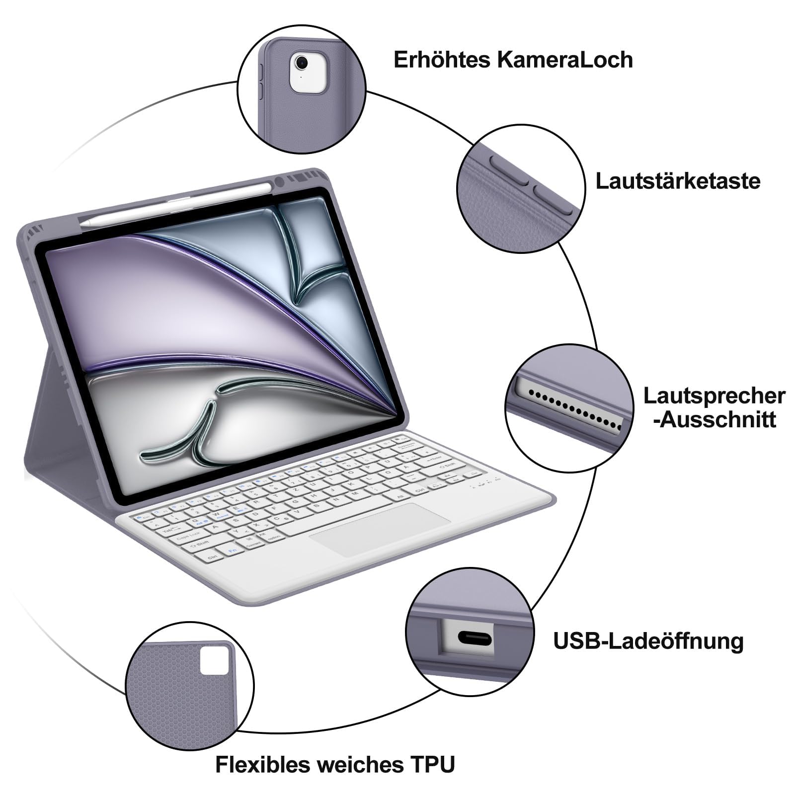 Tastatur für iPad Air 13 M4/M3/M2 (2026-2024) & iPad 12.9 Touchpad, Lila