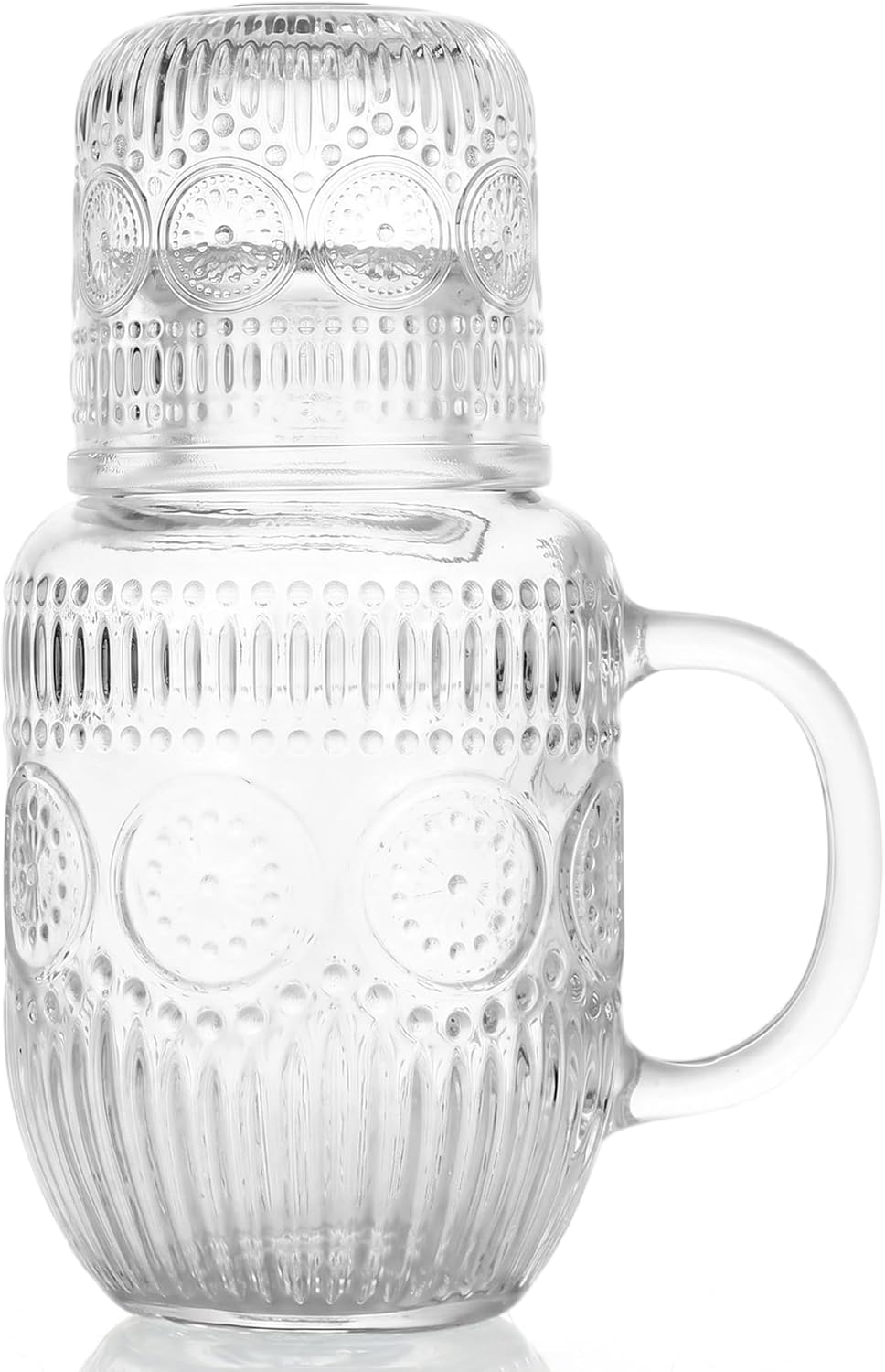 Carafes, Bedside Water Carafe and Glass Set, Vintage Water Carafe with Cup Thickened Embossed Glass Drinkware for Bedroom/Bathroom/Guest Room, 18.3oz, Style-2