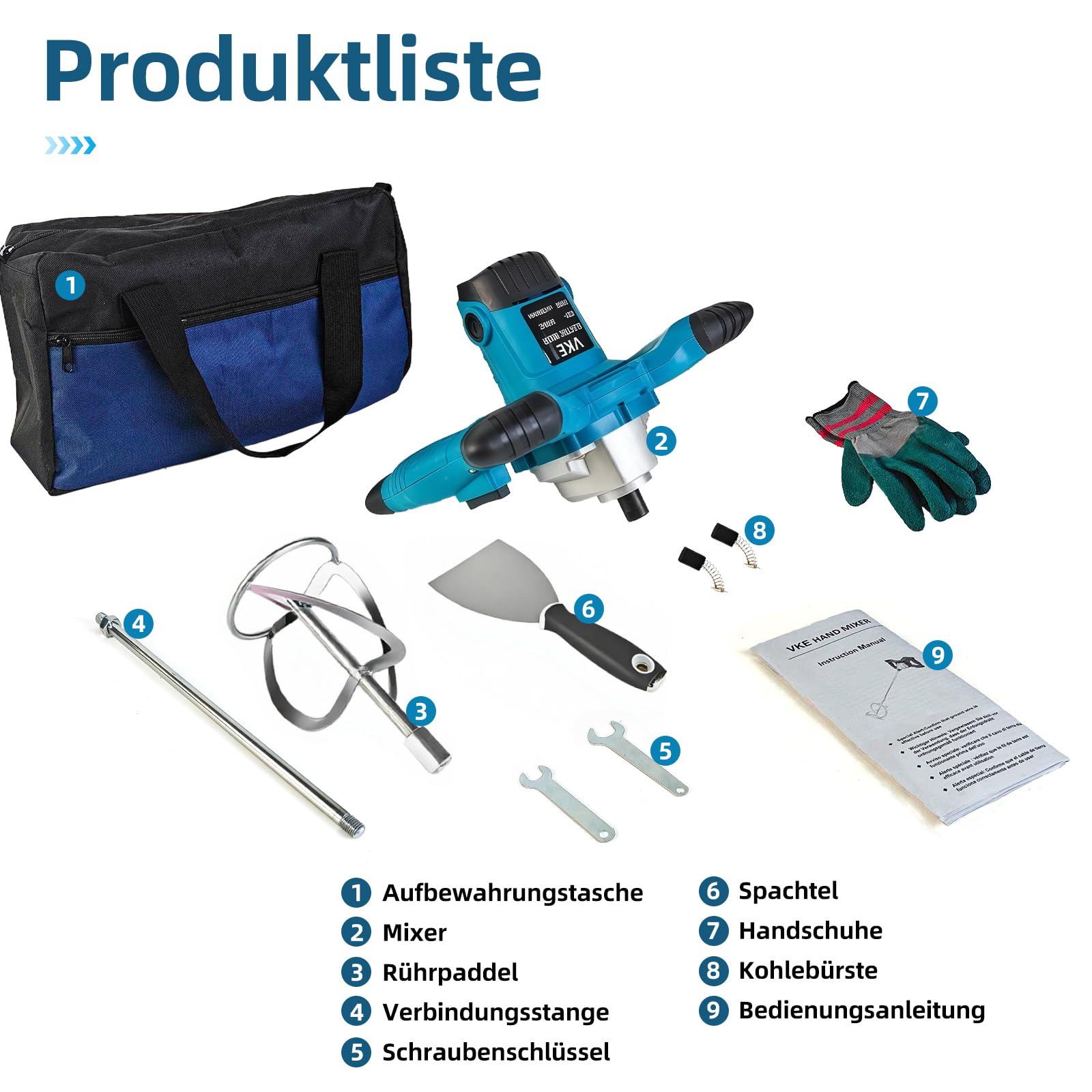 VKE Rührwerk, 6 Gang Mörtelrührer 2400W, Max. 1200 r/min Elektrischer Betonmischer mit Festdrehzahlknopf, Betonrührer, Quirl Mörtelrührer mit Aufbewahrungstasche