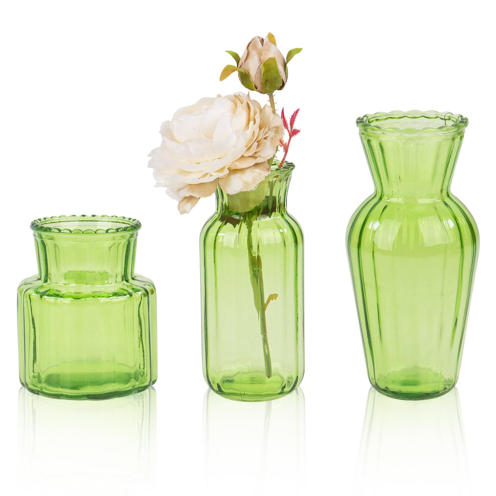 Juego de 3 jarrones pequeños de cristal para flores, juego de jarrones de cristal para decoración de mesa, color verde