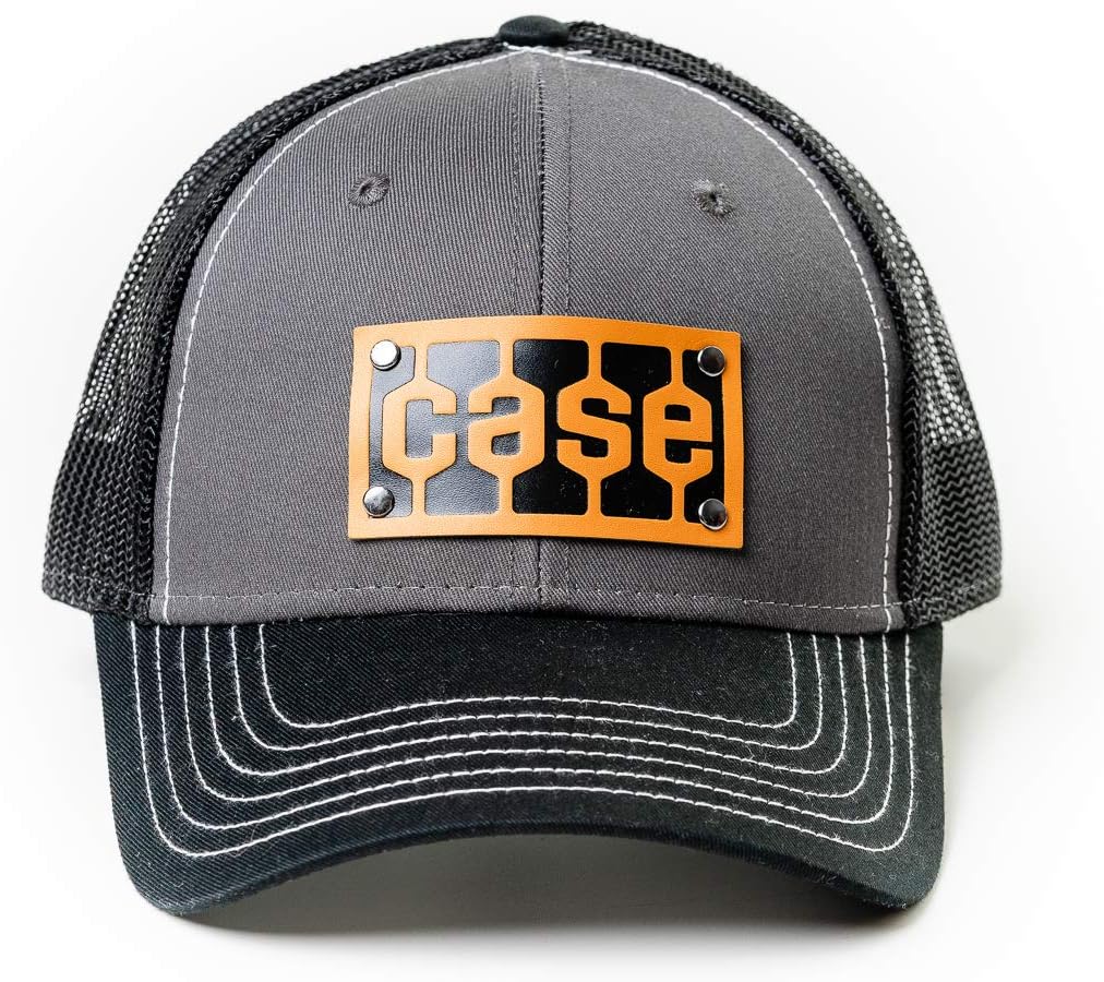 Case Tread Logo Hat, Riveted Leather Emblem, Gray with Black Mesh Back