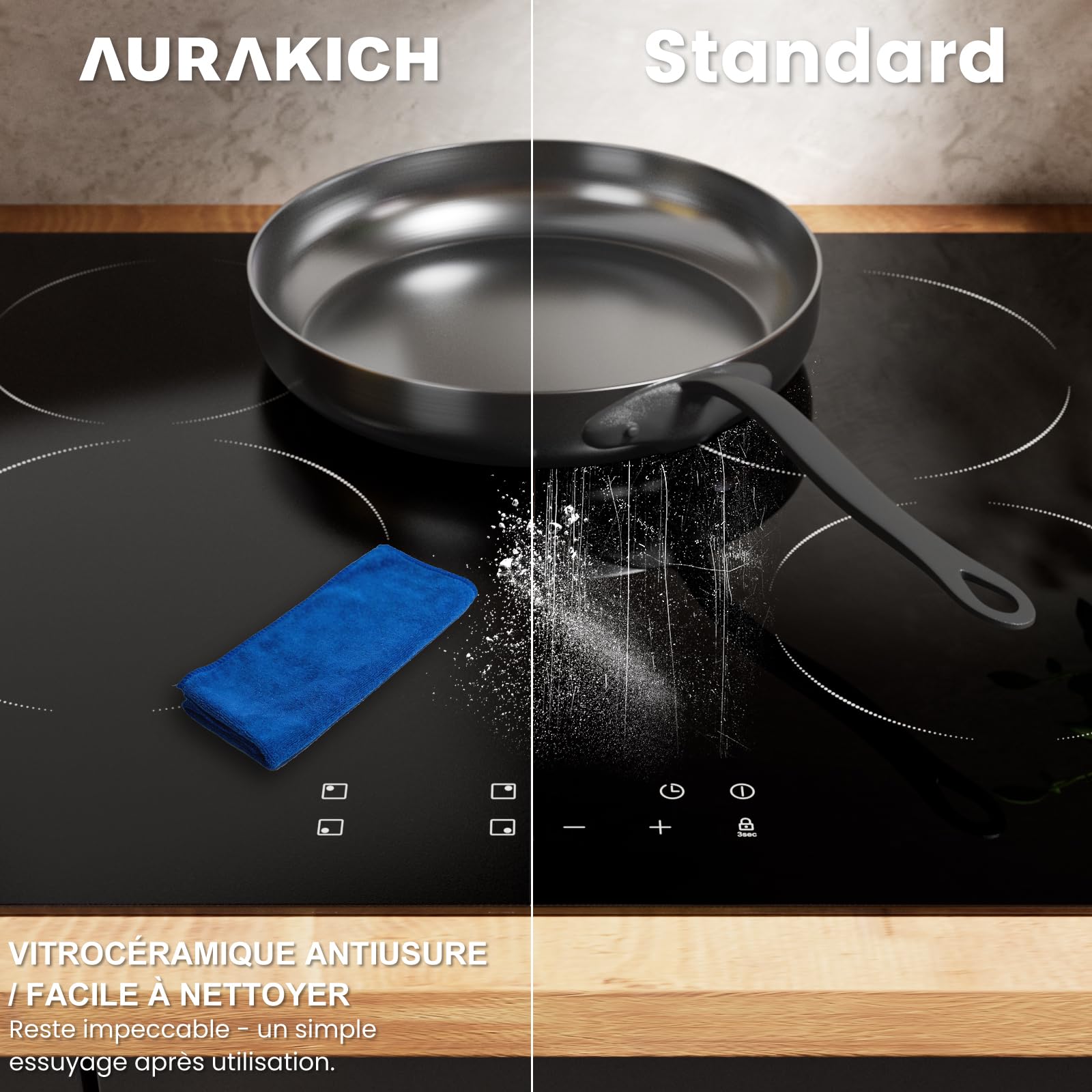 Plaque Vitrocéramique 4 Feux Encastrable 60cm – Plaque de Cuisson Electrique 6000W, Verre Vitrocéramique Antiusure et Garantie 2 Ans, Commande Tactile, Minuteur, Compatible Tous Poêlons