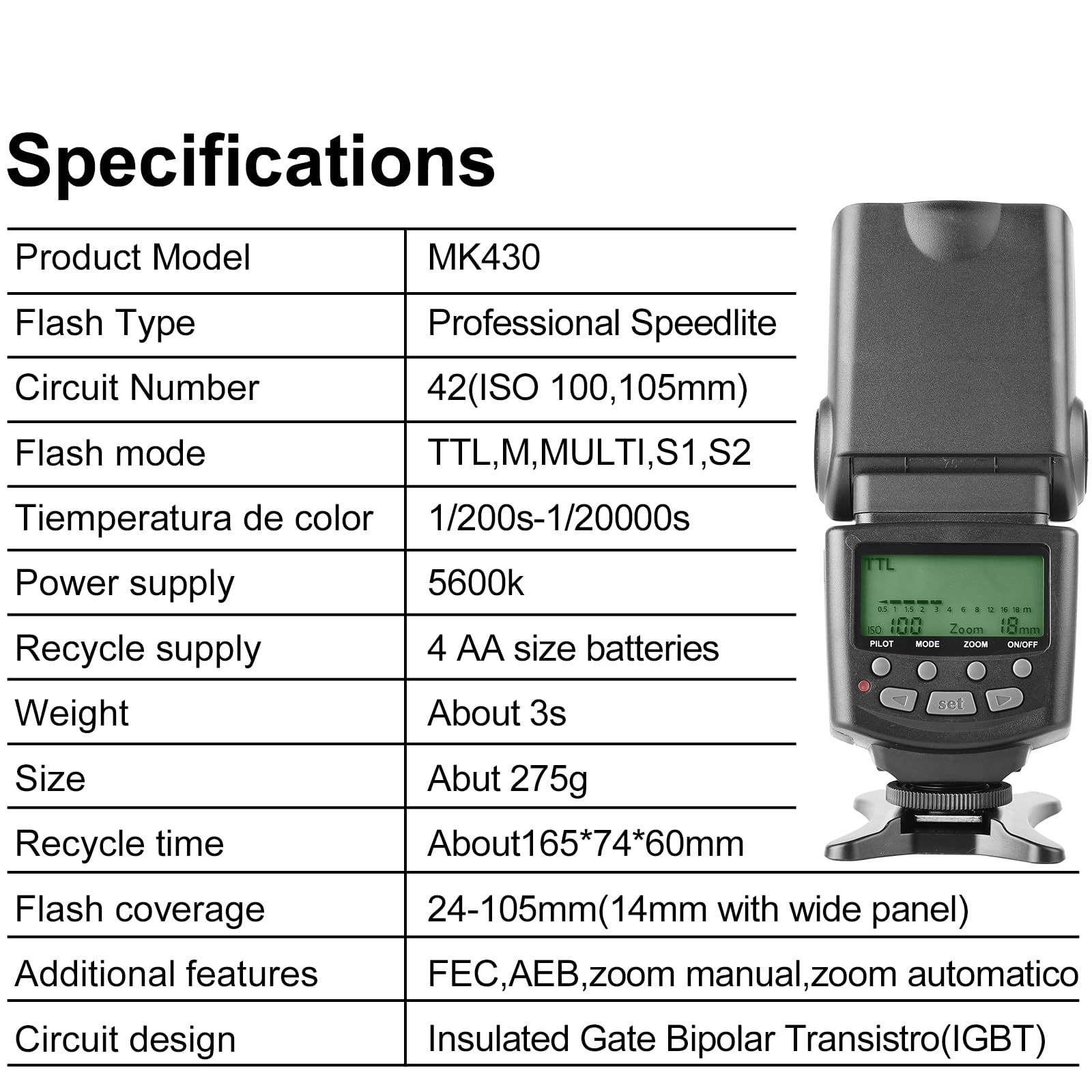 Meike MK430 TTL Flash Speedlite Compatible con Nikon D7100 D5300 D5200 D3500 D3100 D600 D800 D3200 D90 D80 D300 D7500 D780, etc.