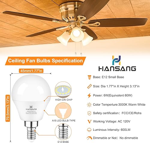 Miniatura 3 de hansang Bombilla LED E12 de 5000 K, luz diurna, paquete de 8 bombillas para ventilador de techo, bombillas LED de candelabro A15 para candelabro,