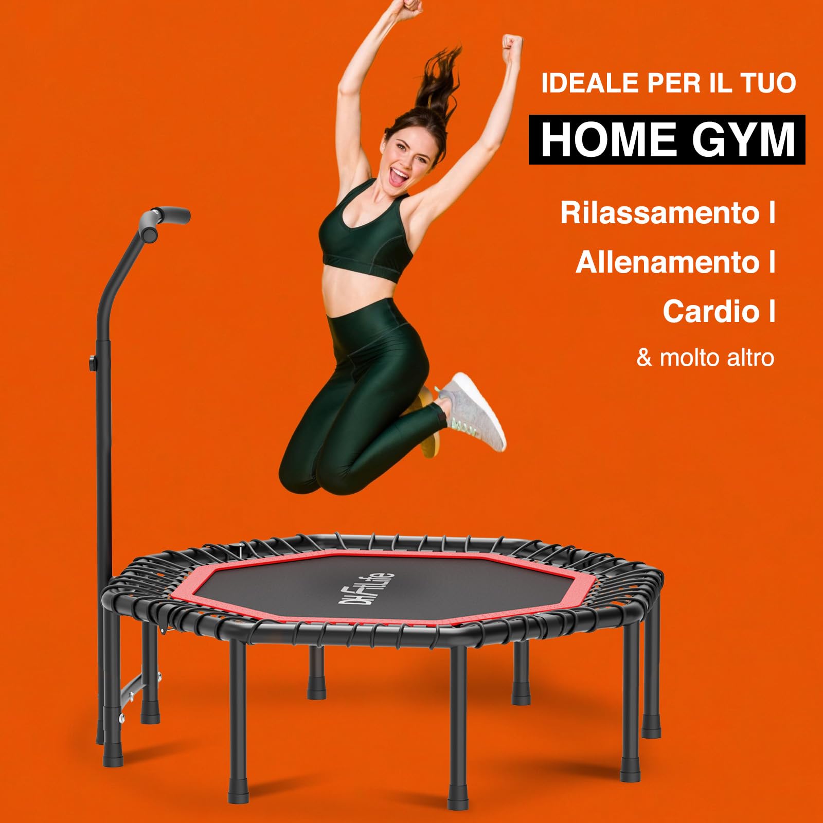 DH FitLife Trampolino Fitness Indoor Pieghevole senza Installazione | Trampolino Ø121 cm 48 Pollici | Portata 150 kg | Maniglia Regolabile a 3 Altezze | Stabile e Silenzioso